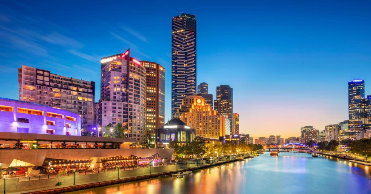 Night view of Melbourne city skyline and Yarra River lights near student accommodation